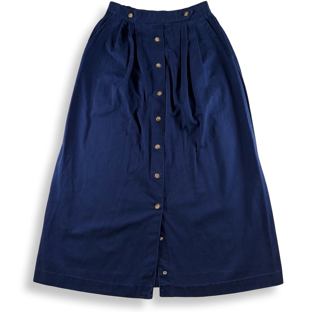 Vintage 90s Navy Blue Button Front Pleated Midi Skirt Size 8